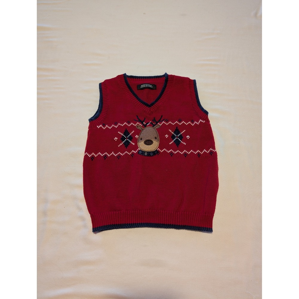 Red Reindeer Fair Isle Knit Sweater Vest Kids 24M Holiday Christmas Cotton